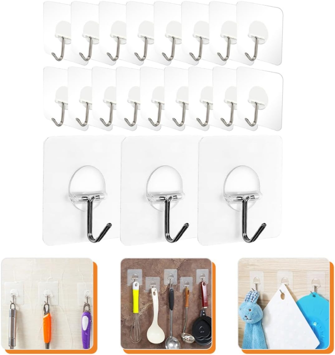Healeved Crochets Adhésifs Muraux Transparents Lot De 20 En Plastique Et Acier Inoxydable Fixation Sans Perçage, Réutilisables Et Légers Pour Rangement Intérieur Et Voyage
