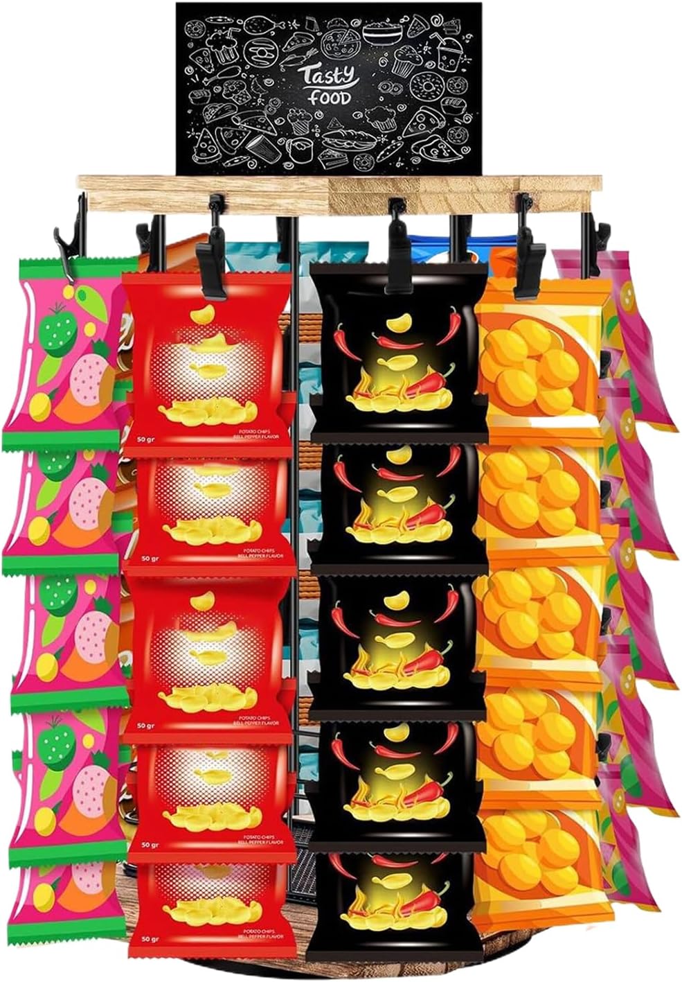 Présentoir à Chips | Organisateur De Snacks Avec Porte-Chips | Support Tournant 360° Avec Tableau D'Affichage, Base En Bois Organisateur De Stockage Alimentaire Pour Bonbons Et Maison Magasin