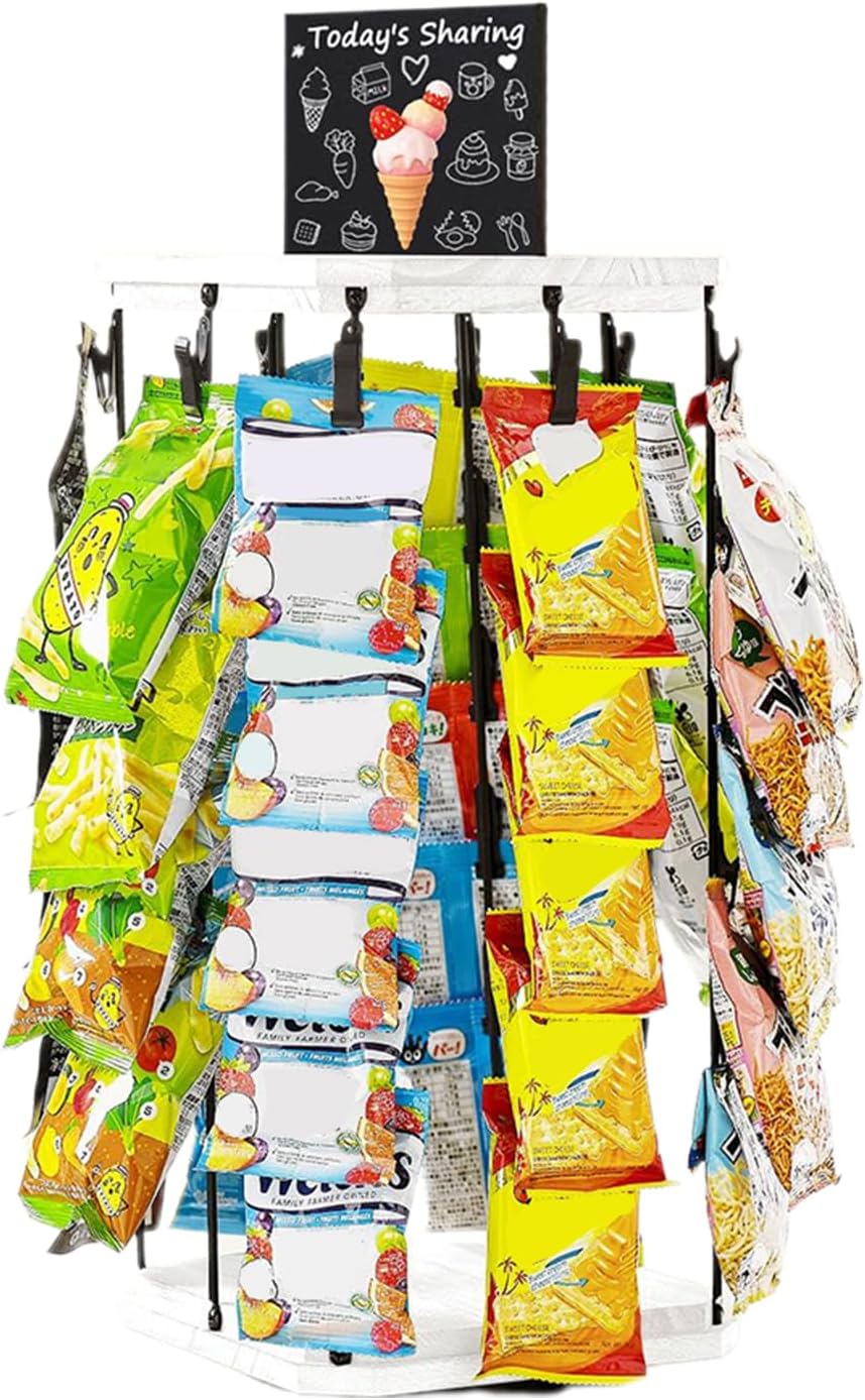 Générique Présentoir à Chips - Présentoir à Snacks Pour Commerces | 5 Niveaux 40 Pinces Plateau Tournant 360° Avec Tableau D'Affichage Pour Organisation De Cuisine Et Garde-Manger