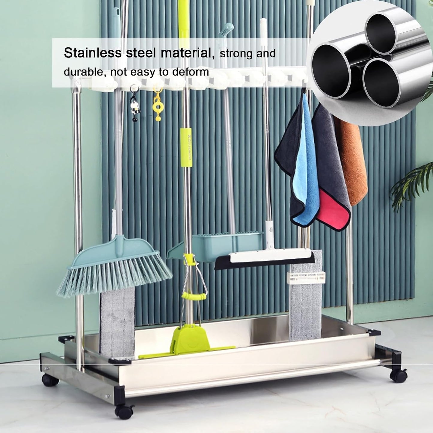 GENERIC Support à Balai Mobile, égouttoir à Balais Sur Pied En Acier Inoxydable, Chariot à Outils De Nettoyage Avec Crochets Pour écoles Et Restaurants, Argent, 100 X 51 X 103 Cm, B