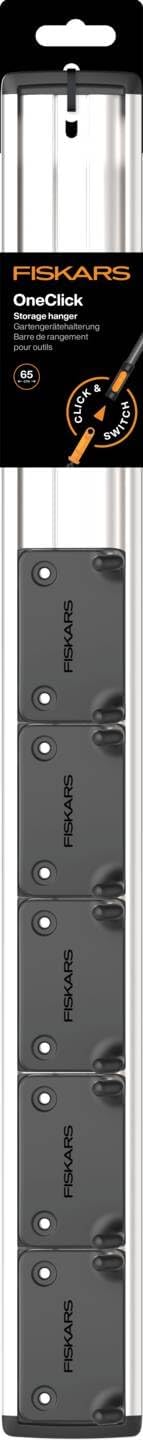  Fiskars OneClick Support Pour Outils De Jardinage, Support Mural Avec 5 Crochets Doubles Mobiles, Pour Outils De Jardinage Dotés D'un Trou De Suspension, Vis Incluses, Métal, Noir/Argent, 1082705