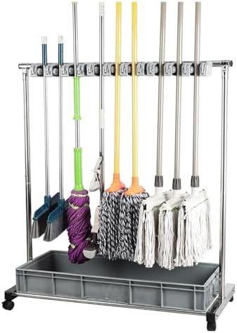 GENERIC Support De Balai à Franges Monté Au Sol – Tour En Acier Inoxydable à 5 Emplacements Pour Ranger Des Serpillères Humides Et Des Outils Longs – Durable Et Mobile Pour Fournitures De Nettoyage De La