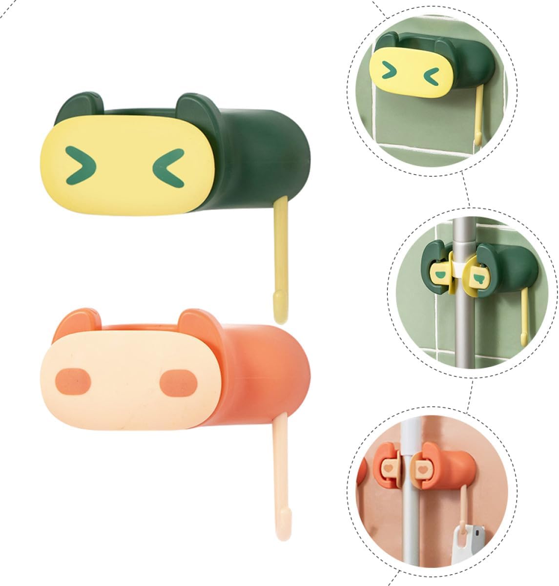  VICASKY Lot De 2 Porte-serpillères Sans Perçage En Plastique Résistant, Support Mural Adhésif Vert Et Orange, Organisateur De Buanderie Polyvalent Pour Balais, Serpillières Et Accessoires