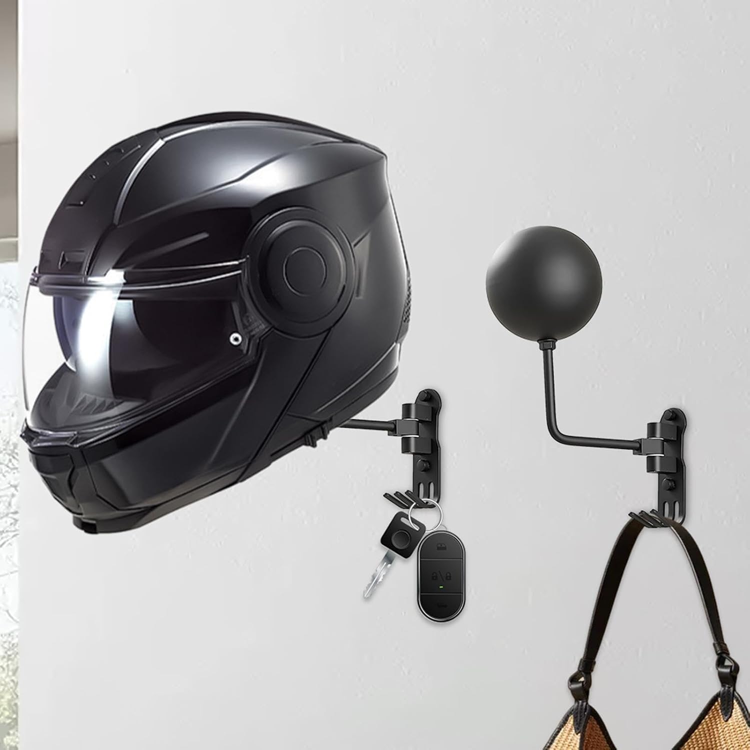  Support Mural Pour Casque De Moto, Support Pivotant à 180 Degrés Avec 3 Crochets Pour Garage, Entrée Ou Zone De Rangement, 35 Cm, 460 G, Noir, D'aluminium