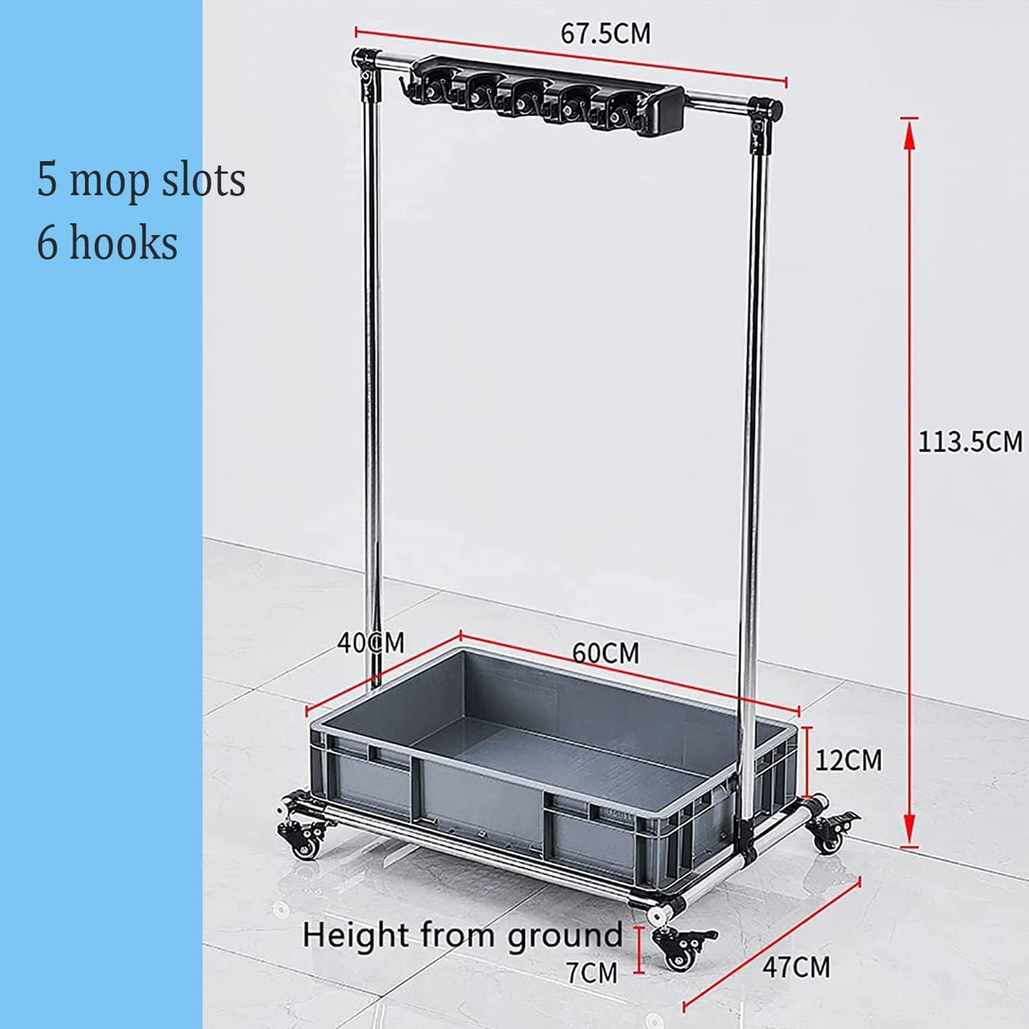 GENERIC Support De Balai, Support Mobile Pour Balai Et Balai, Support De Balai Commercial, Chariot De Nettoyage Roulant Avec Crochets Et évier, Rangement D'outils De Jardin, Pour écoles, Hôpitaux, U