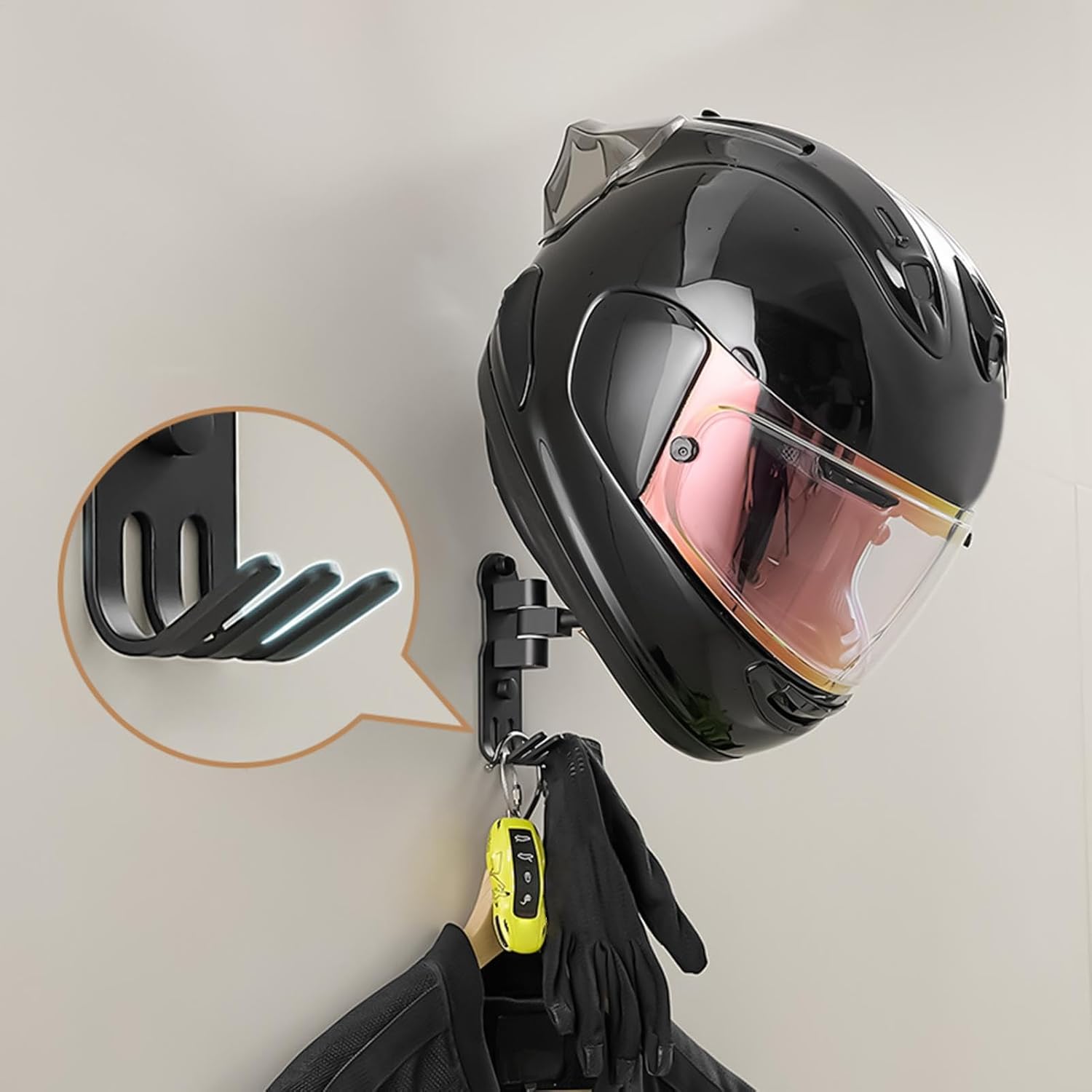  Support Mural Pour Casque De Moto, Support Pivotant à 180 Degrés Avec 3 Crochets Pour Garage, Entrée Ou Zone De Rangement, 35 Cm, 460 G, Noir, D'aluminium