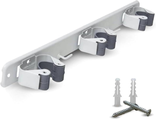  PARENCE.- Triple Support Mural à Visser Pour Balais Et Accessoires - Accroche Balai 3 Supports + 2 Crochets - 37cm)