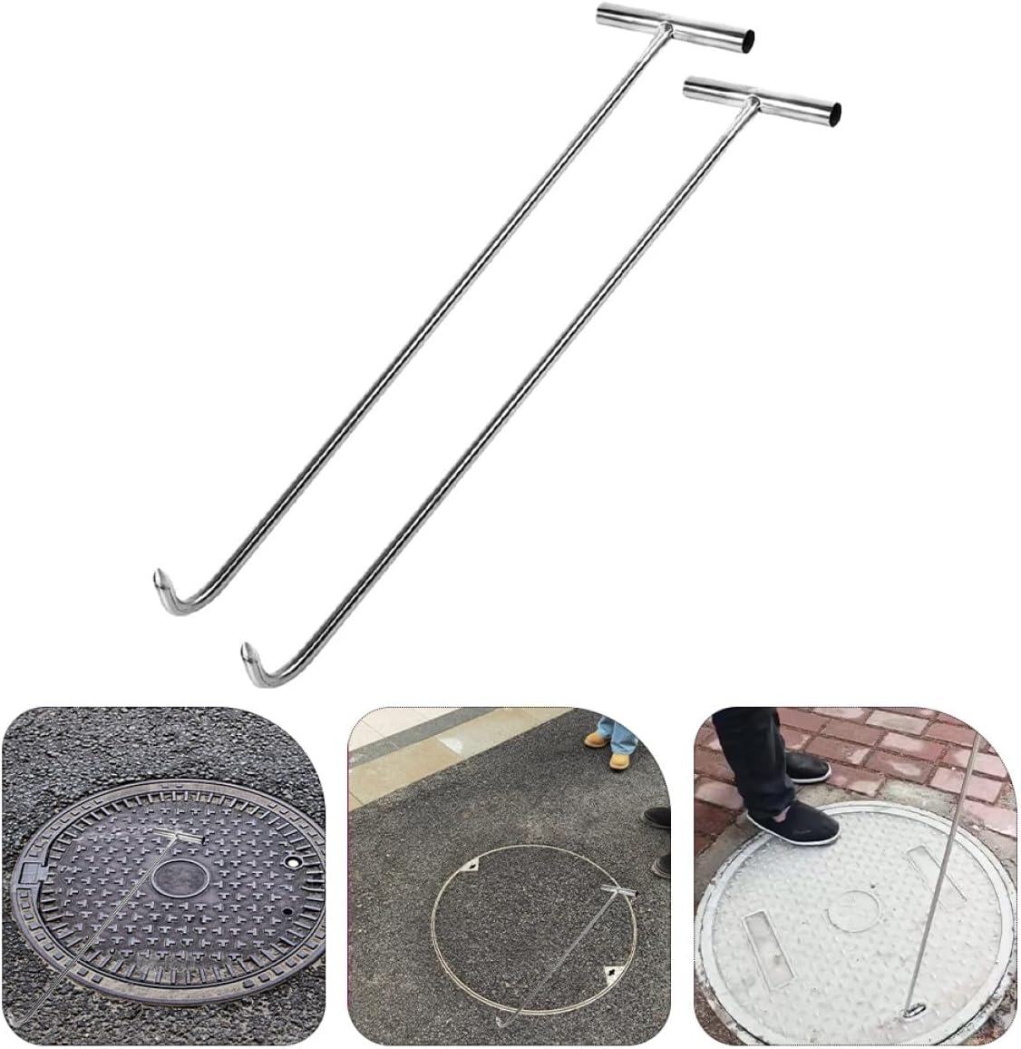  Housoutil Lot De 2 Crochets En Acier Inoxydable T, 38 Cm X 10 Mm, Crochets Robustes De Levage Pour Couvercles De Regard, Outils Pratiques Pour Maison, Garage Et Usage Industriel