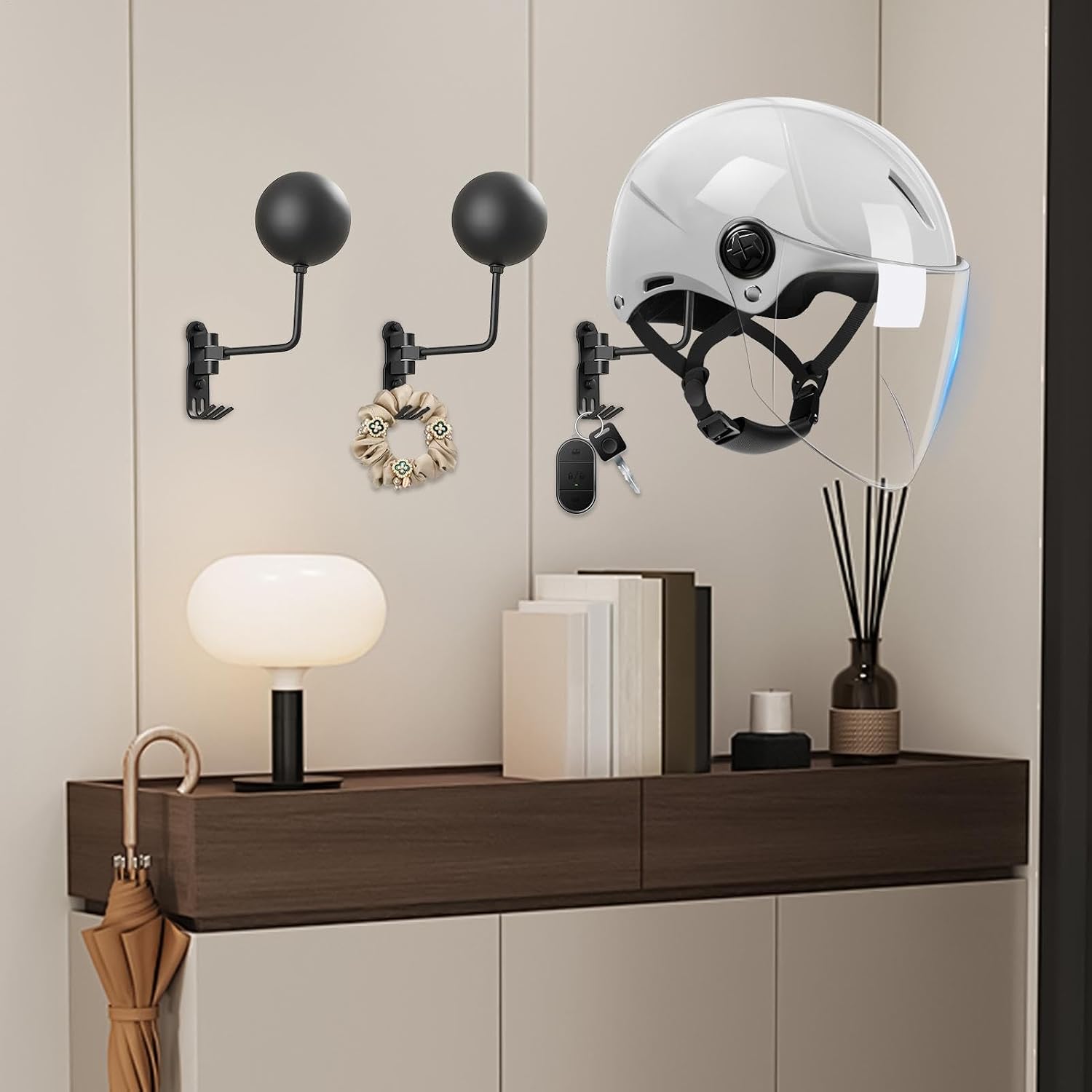  Support Mural Pour Casque De Moto, Support Pivotant à 180 Degrés Avec 3 Crochets Pour Garage, Entrée Ou Zone De Rangement, 35 Cm, 460 G, Noir, D'aluminium