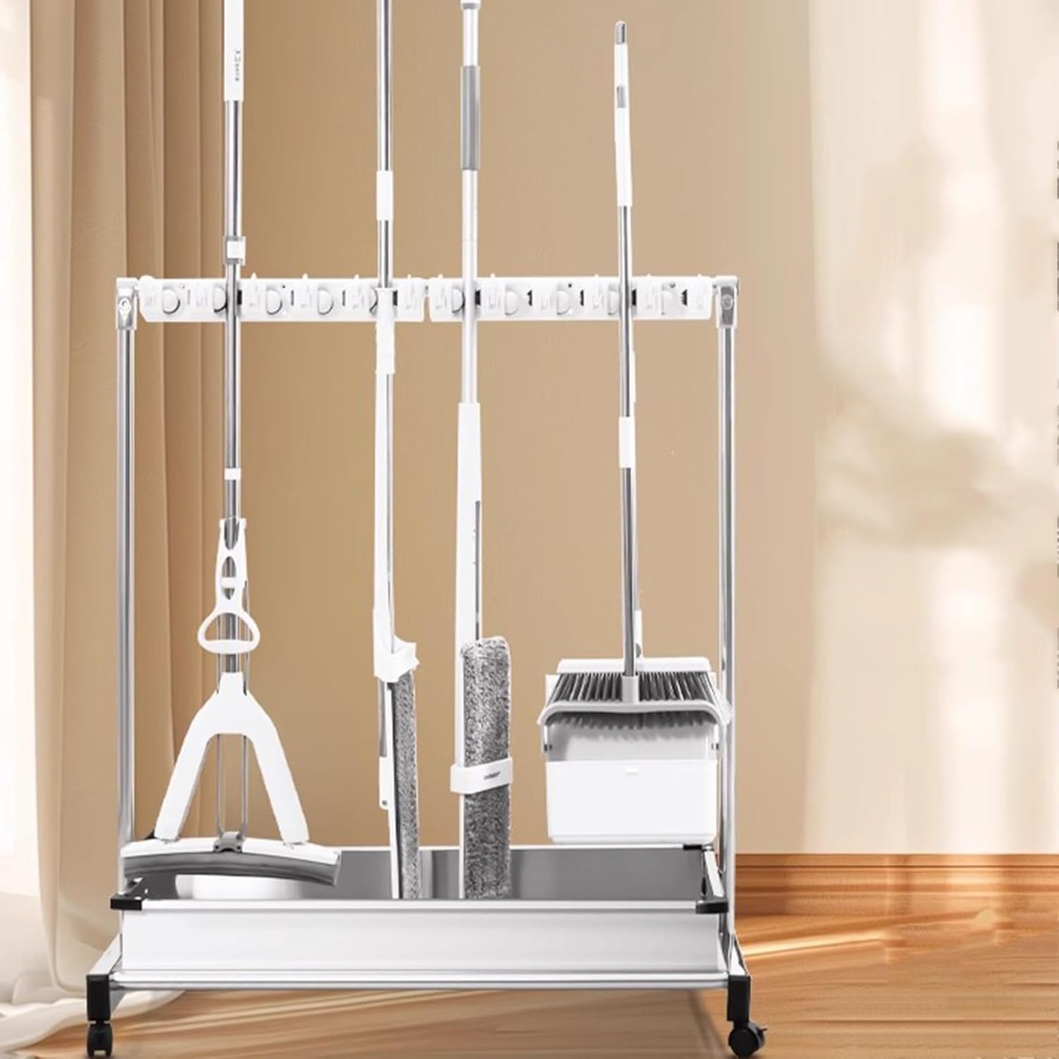 GENERIC Support à Balai Mobile, égouttoir à Balais Sur Pied En Acier Inoxydable, Chariot à Outils De Nettoyage Avec Crochets Pour écoles Et Restaurants, Argent, 100 X 51 X 103 Cm, B