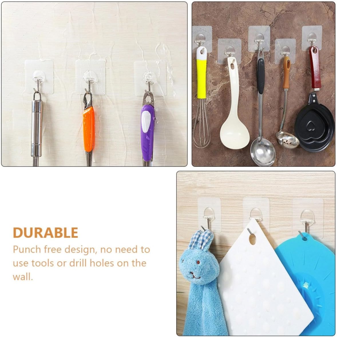  Healeved Crochets Adhésifs Muraux Transparents Lot De 20 En Plastique Et Acier Inoxydable Fixation Sans Perçage, Réutilisables Et Légers Pour Rangement Intérieur Et Voyage