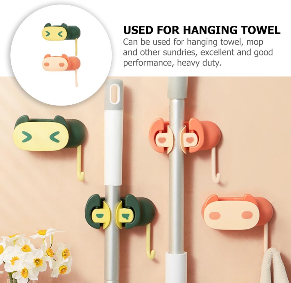  VICASKY Lot De 2 Porte-serpillères Sans Perçage En Plastique Résistant, Support Mural Adhésif Vert Et Orange, Organisateur De Buanderie Polyvalent Pour Balais, Serpillières Et Accessoires