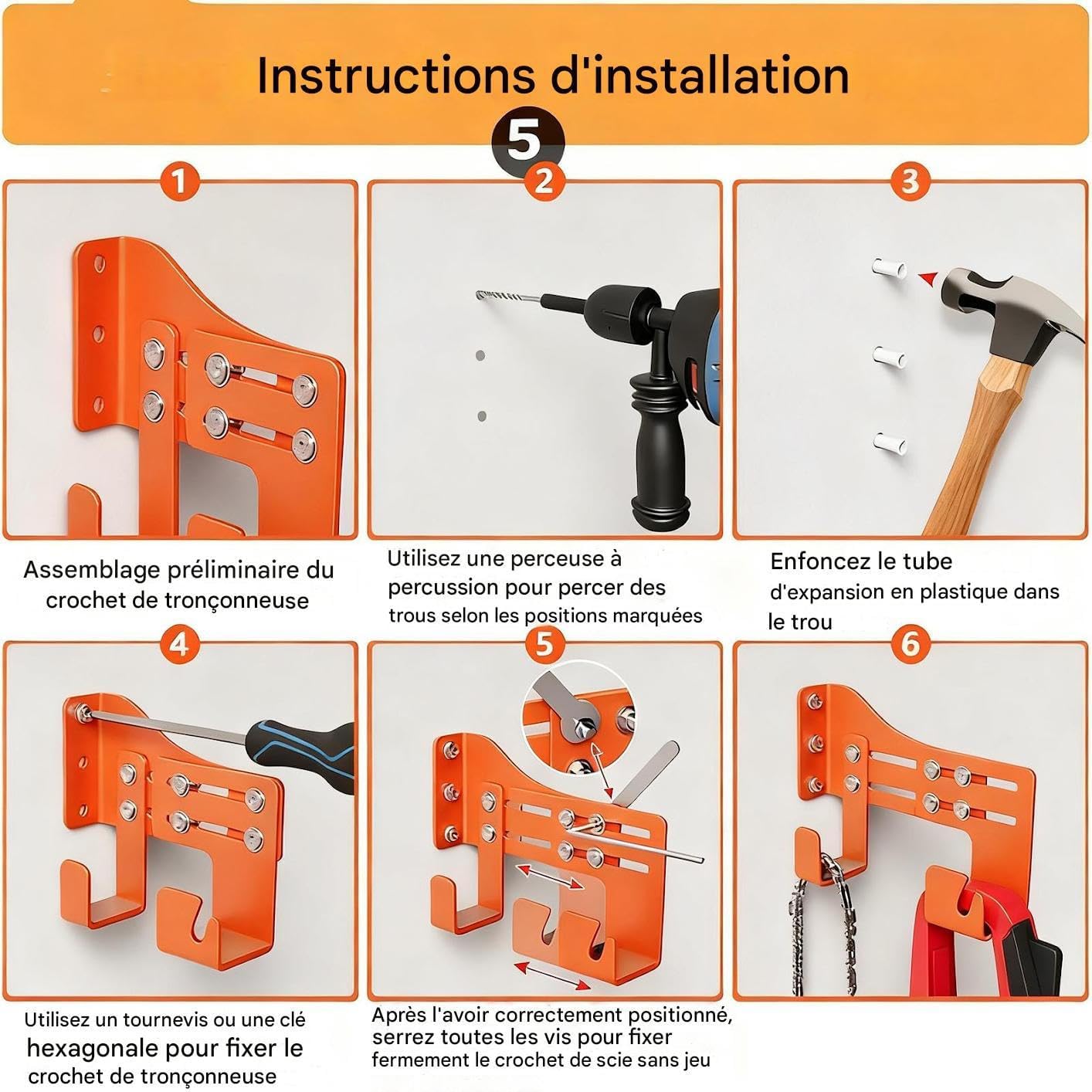 GENERIC Support Pour Tronçonneuse,Organisateur De Rangement À Usage Intensif Monté Au Mur,Organisateur De Tronçonneuse Pour Garage Avec Deux Crochets - Pour Les Accessoires Des Outils À Chaîne Destinés Au Jar