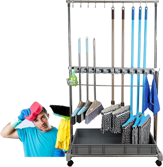  Support De Balai à Franges Commercial Mobile, Support De Balai à Franges Et De Balais Suspendu, Chariot De Rangement Pour Outils De Nettoyage Sur Pied, Chariot De Ménage, Placard De Jardin P