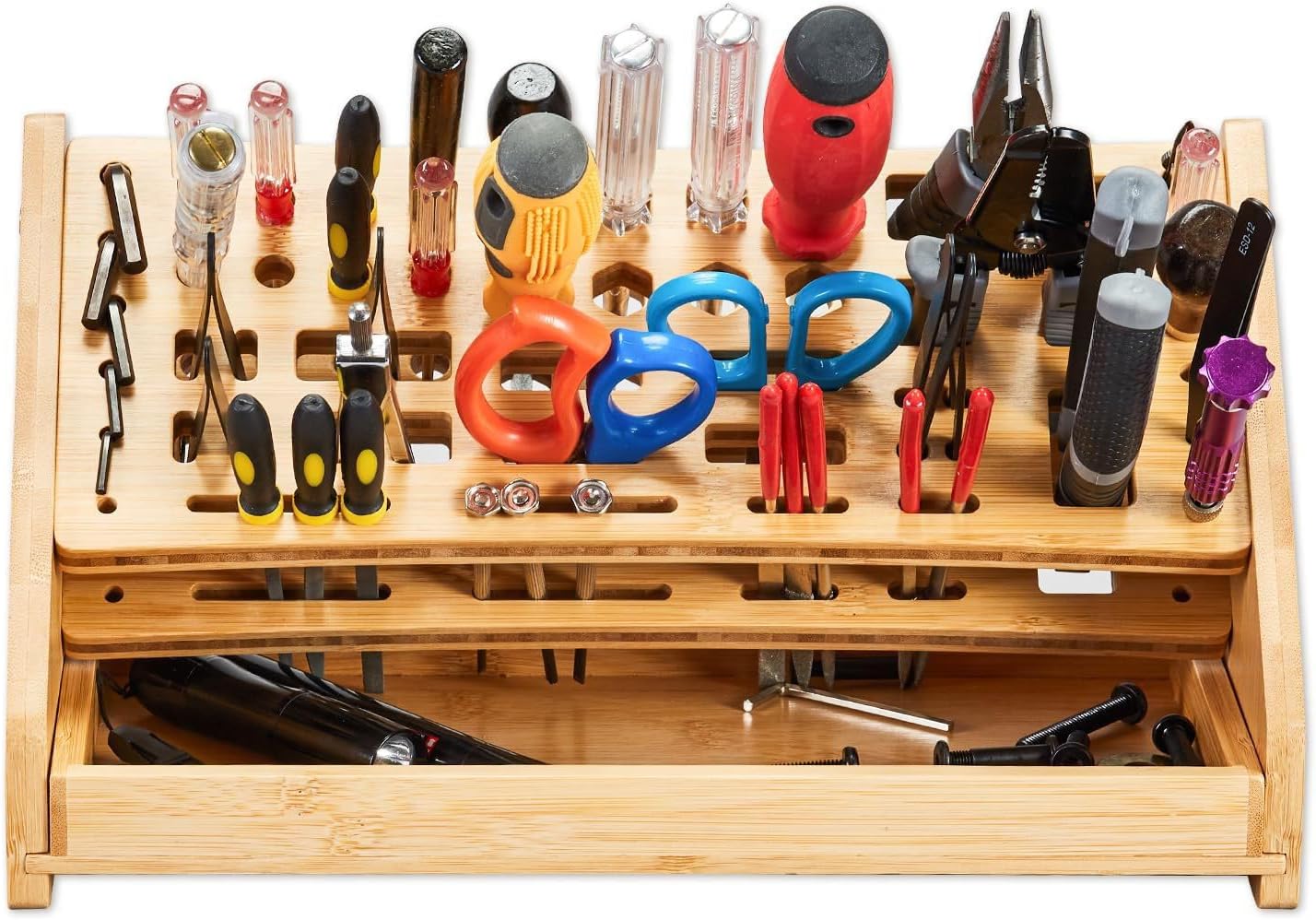  Generisch Organisateur De Pinces - Étagère De Rangement En Bois à 53 Trous Avec Plateau - Organiseur D'outils De Bureau - Pour Loisirs, Bricolage, établi, Bureau, Bibliothèque, Garage, Extérieur