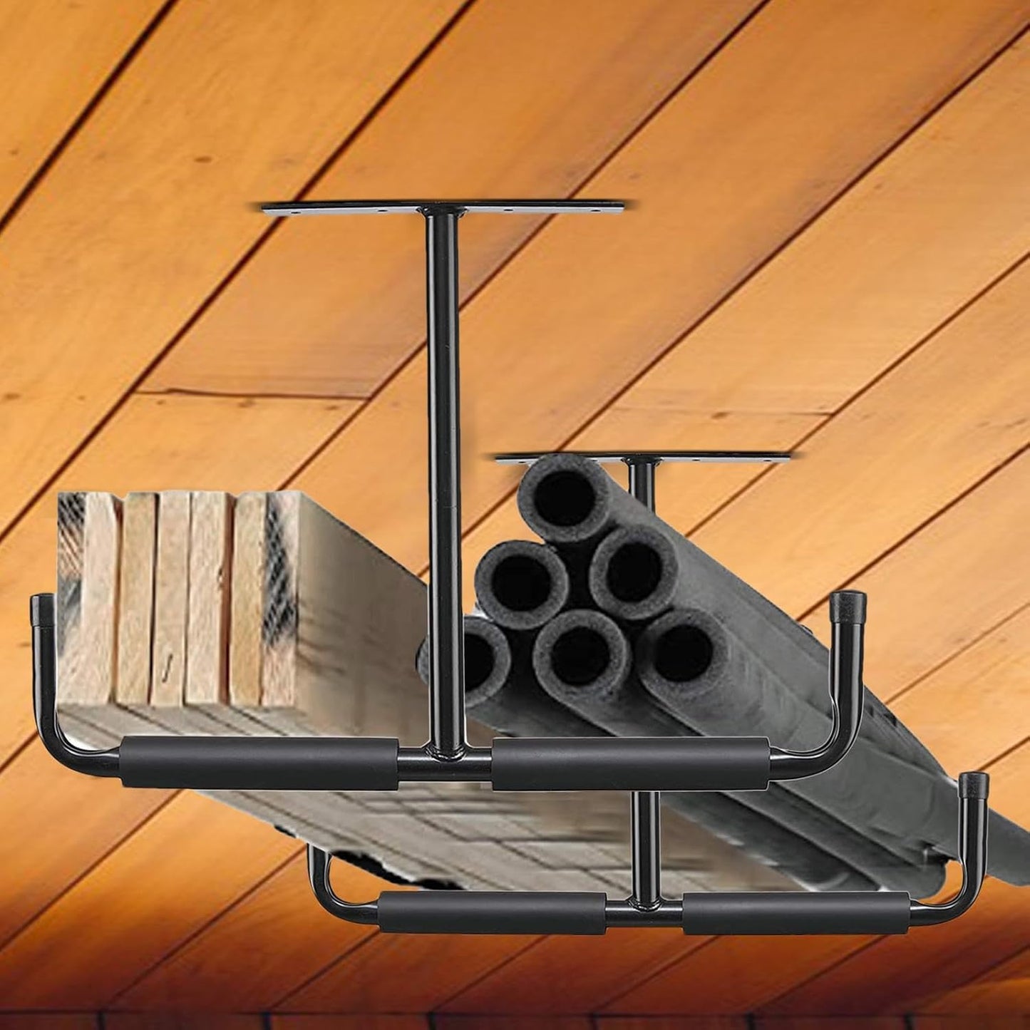  Racks De Rangement Au Plafond Pour Garage | 2 Supports En T En Métal Robuste | Crochets Suspendus Pour Garage - Pour Échelle, Bois, Équipements Sportifs, Pelles, Cannes À Pêche, Skis, Cave, Abri De