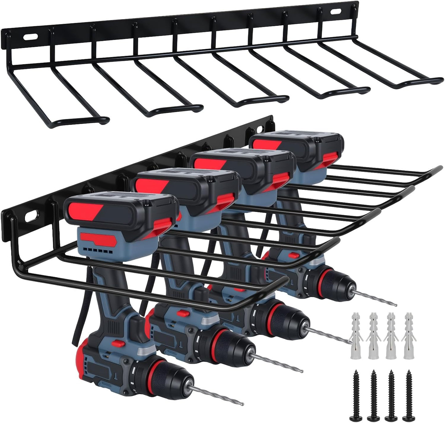  WellMade Lot De 2 Supports Muraux Pour Outils électriques, Porte-perceuse, Support Mural En Acier Noir Pour Garage, Peut Contenir 4 Outils, Capacité De 36,3 Kg, Facile à Installer Avec Vis Et