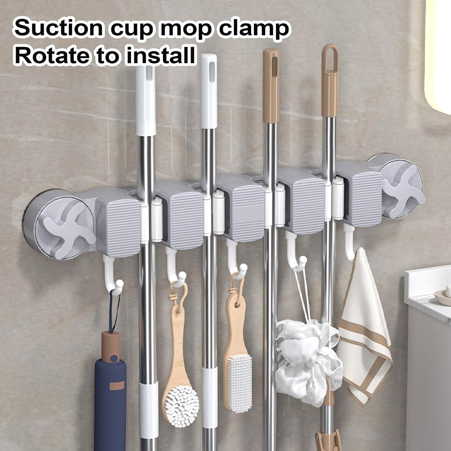  Support Murale Pour Balai - Support De Rangement Murale Avec Ventouses - Organisateur Outils Pour Balai Pelle Torchon Chiffon Gants Brosse
