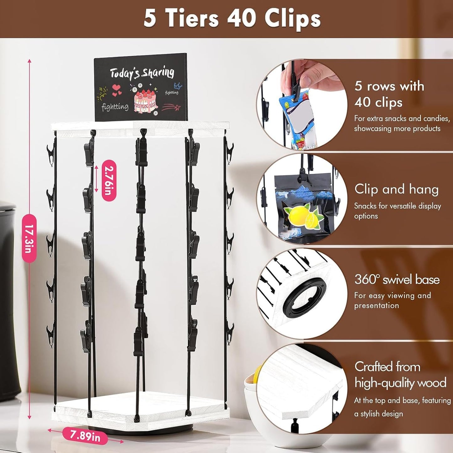  Présentoir à Chips - Support À Chips Organisateur Avec Porte-Étiquettes - Support Tournant 360° Avec Tableau D'Affichage, Base En Bois Organisateur De Stockage Alimentaire Pour Bonbons Et Maison
