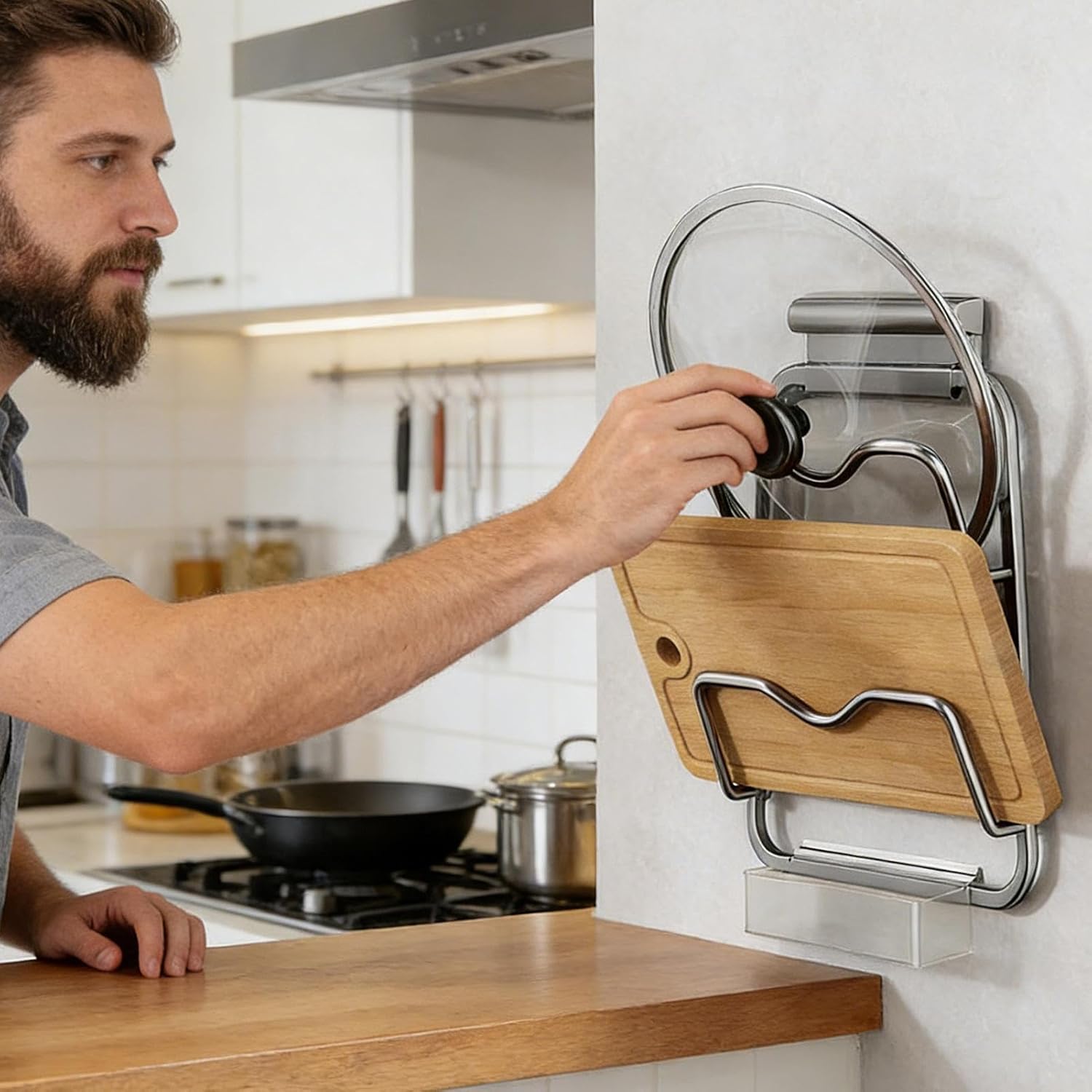  Generisch Organisateur De Couvercle De Casserole Avec Bac De Récupération Mural En Acier Inoxydable - Pour Cuisine, Maison, Cuisinière, Plan De Travail, Armoire, Plateau De Table, Ustensiles De