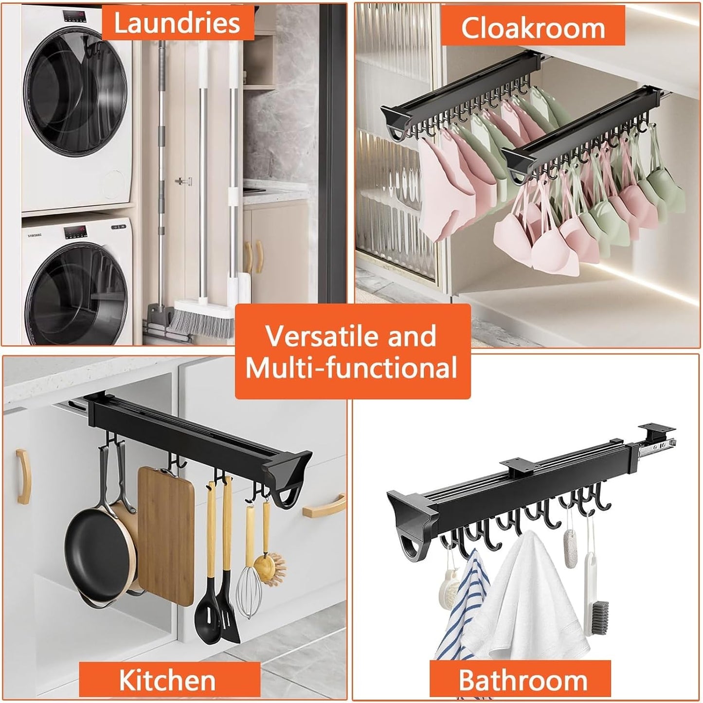  Pot Et Poêle Réglables En Aluminium Avec Crochets Pour Balai Et Balai Pour Placard - Solution De Rangement Peu Encombrante (36 Cm, 12 Crochets)