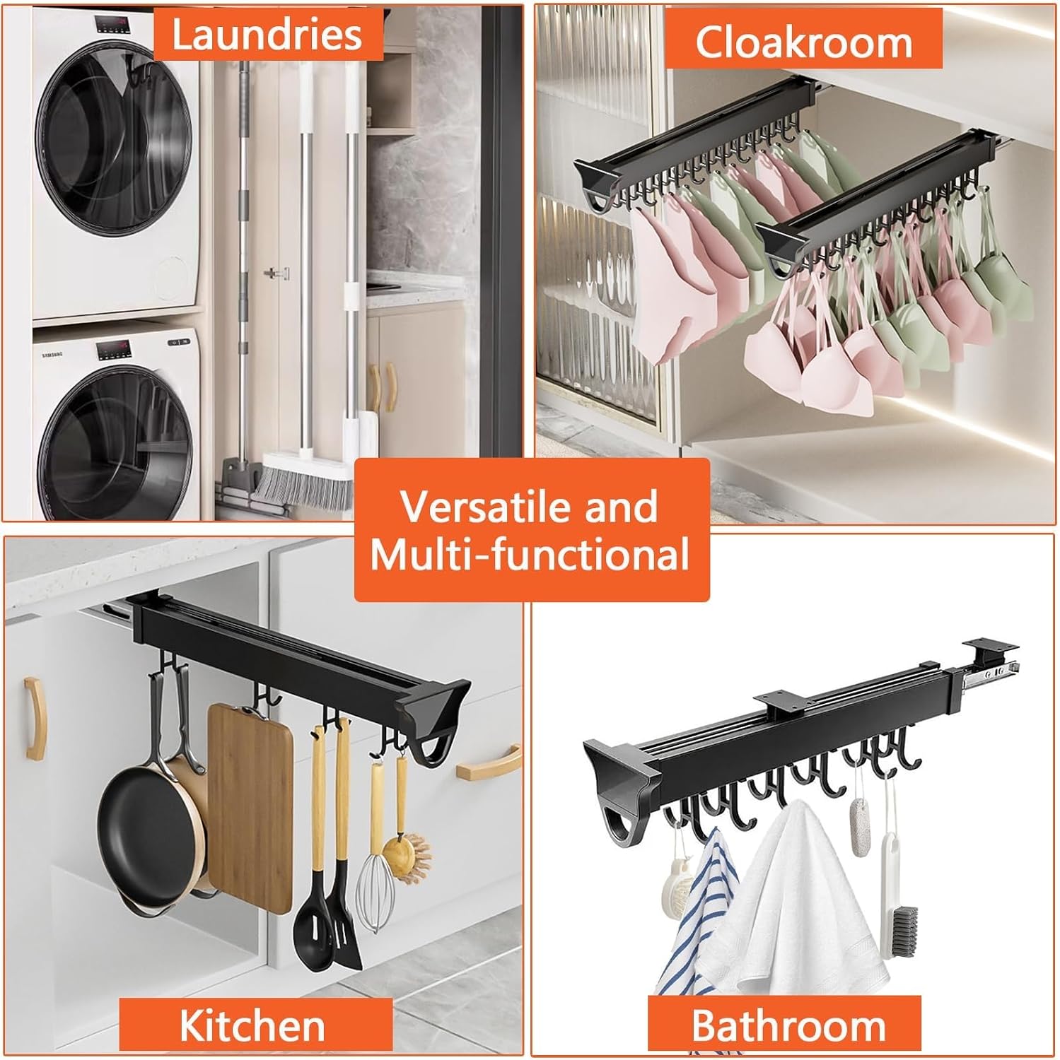  Pot Et Poêle Réglables En Aluminium Avec Crochets Pour Balai Et Balai Pour Placard - Solution De Rangement Peu Encombrante (36 Cm, 12 Crochets)