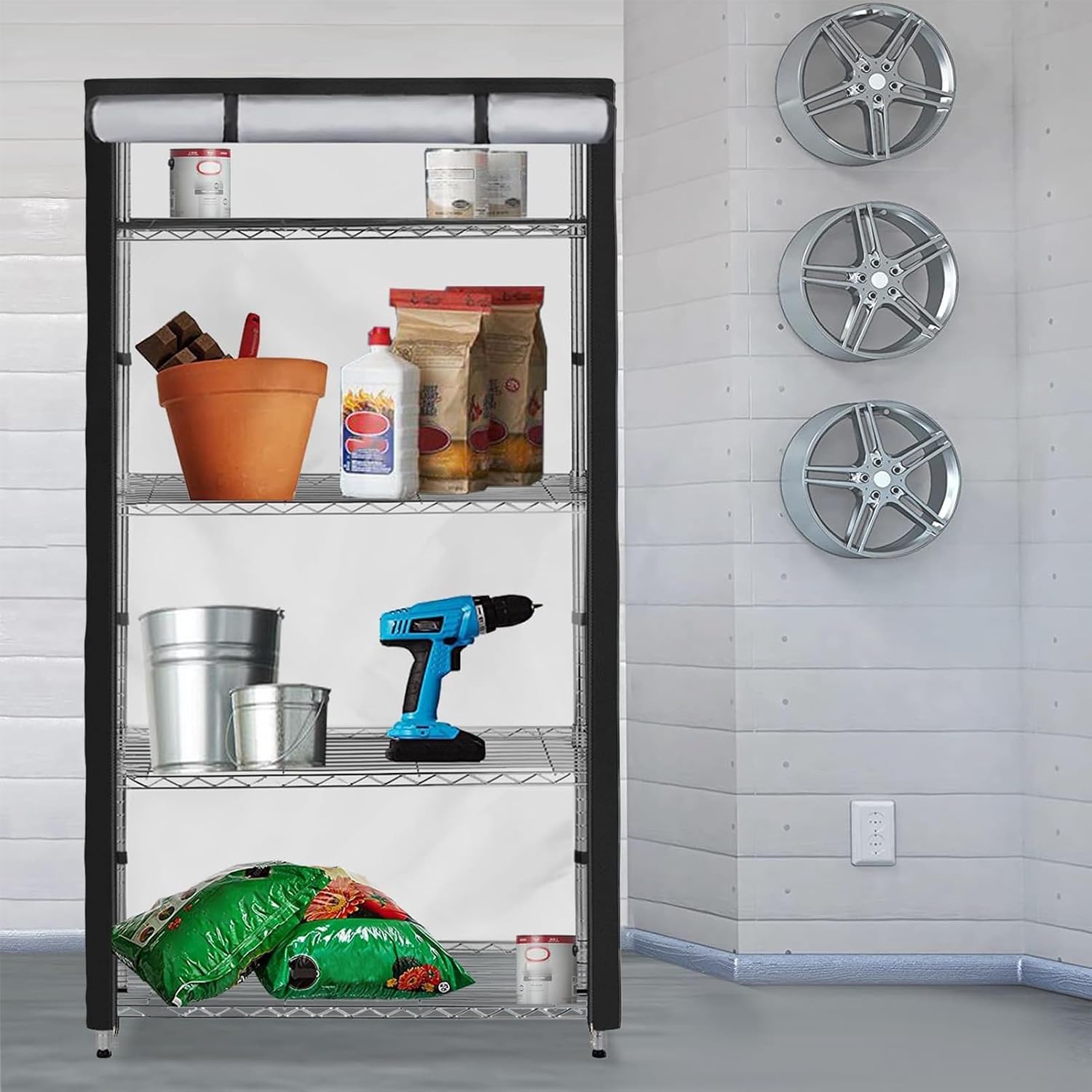  Generisch Housse De Rack En Fil Avec Fermeture éclair, Protection Pour étagère, 61,81 X 29,02 X 13,78 Pouces, Housses De Rangement De Protection Pour L'organisation De Base De Garage De Cuisine Et La
