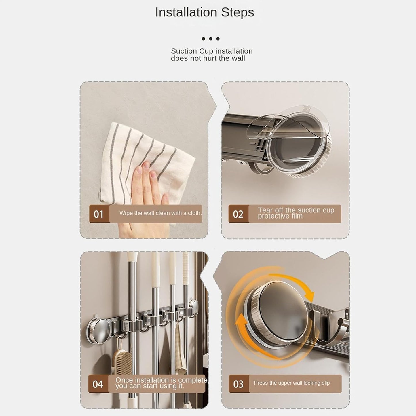 GENERIC Support à Balais, Robuste Et Antirouille Avec Ventouse – Organisateur D'outils De Nettoyage Domestique – Pour Dortoir, Bureau, Appartement, Chambre à Coucher, Salon, Salle De Bain