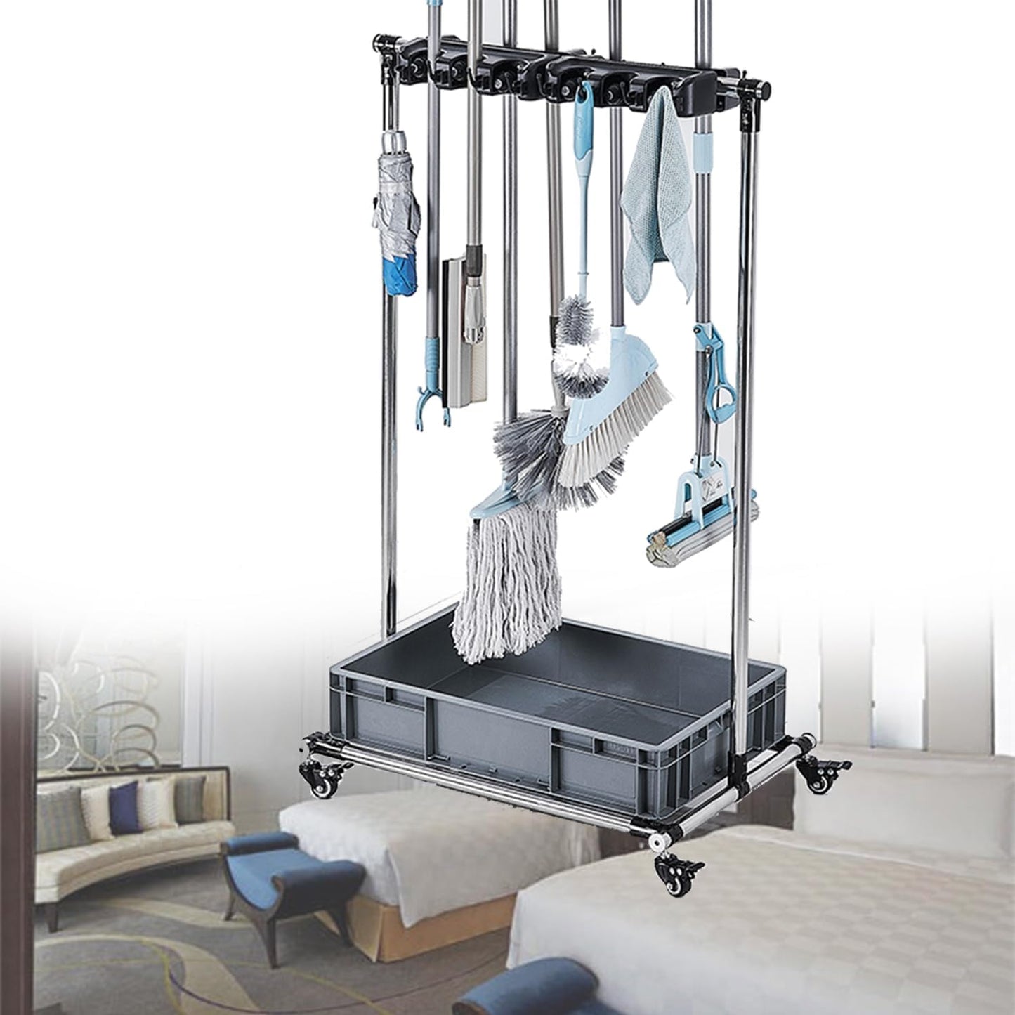 GENERIC Support De Balai, Support Mobile Pour Balai Et Balai, Support De Balai Commercial, Chariot De Nettoyage Roulant Avec Crochets Et évier, Rangement D'outils De Jardin, Pour écoles, Hôpitaux, U