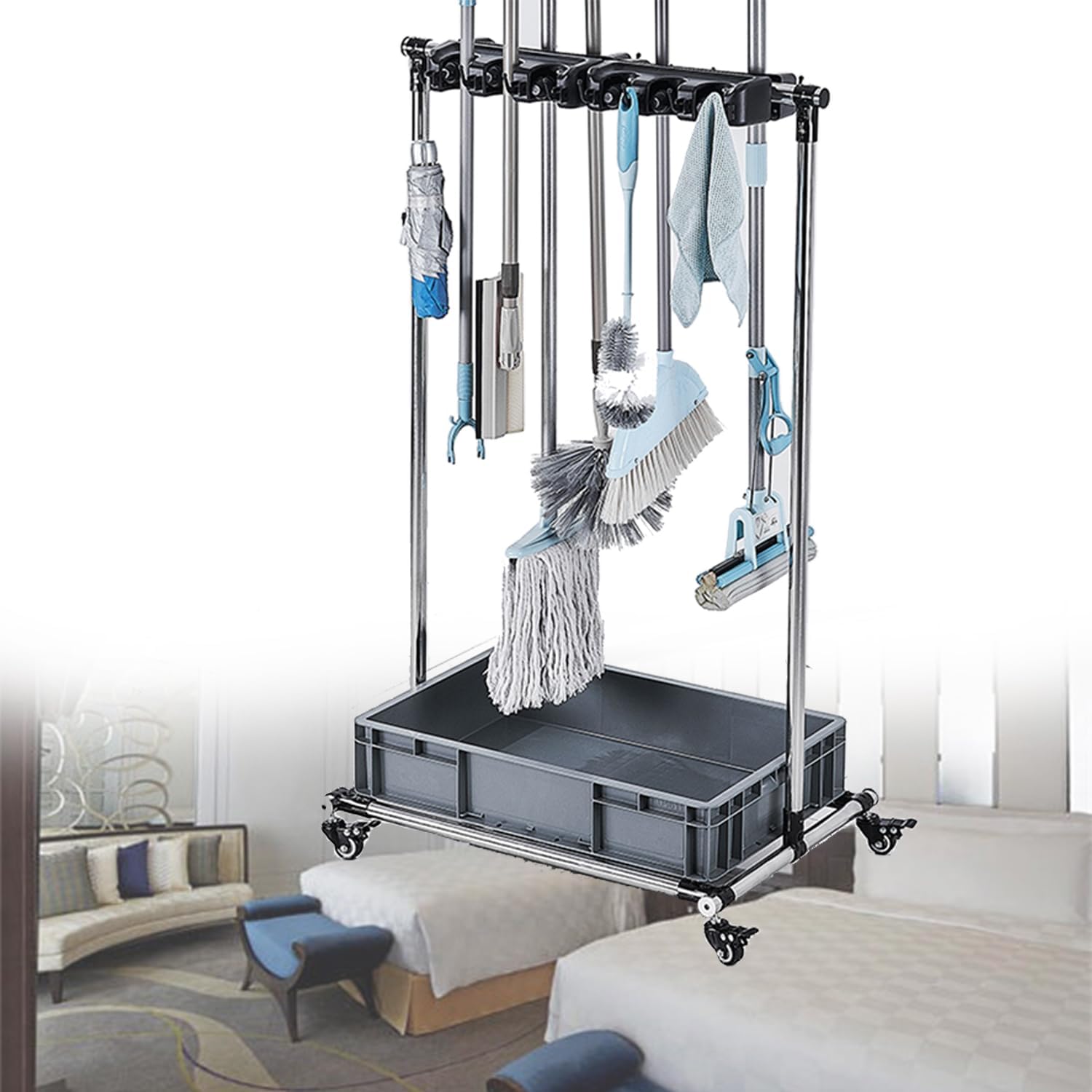 GENERIC Support De Balai, Support Mobile Pour Balai Et Balai, Support De Balai Commercial, Chariot De Nettoyage Roulant Avec Crochets Et évier, Rangement D'outils De Jardin, Pour écoles, Hôpitaux, U