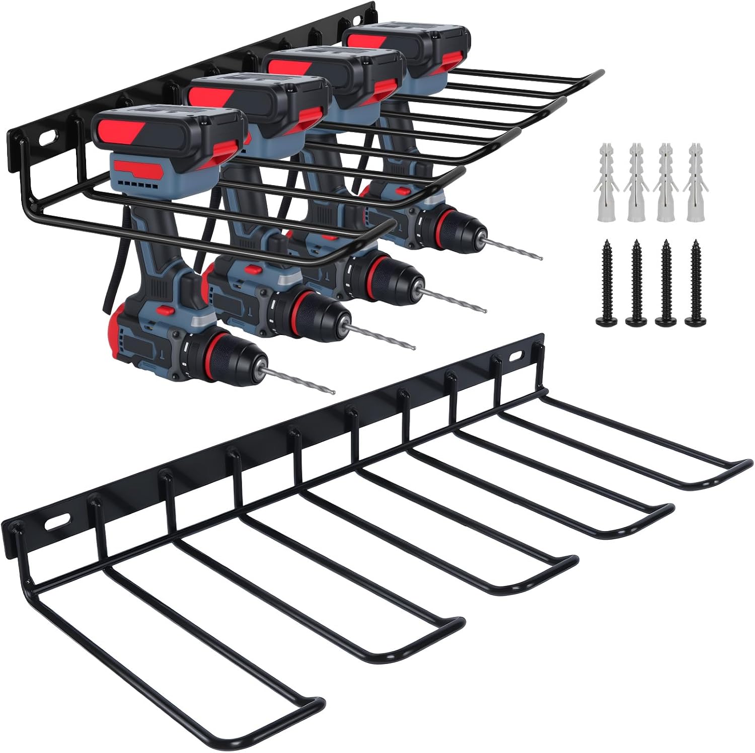  WellMade Lot De 2 Supports Muraux Pour Outils électriques, Porte-perceuse, Support Mural En Acier Noir Pour Garage, Peut Contenir 4 Outils, Capacité De 36,3 Kg, Facile à Installer Avec Vis Et