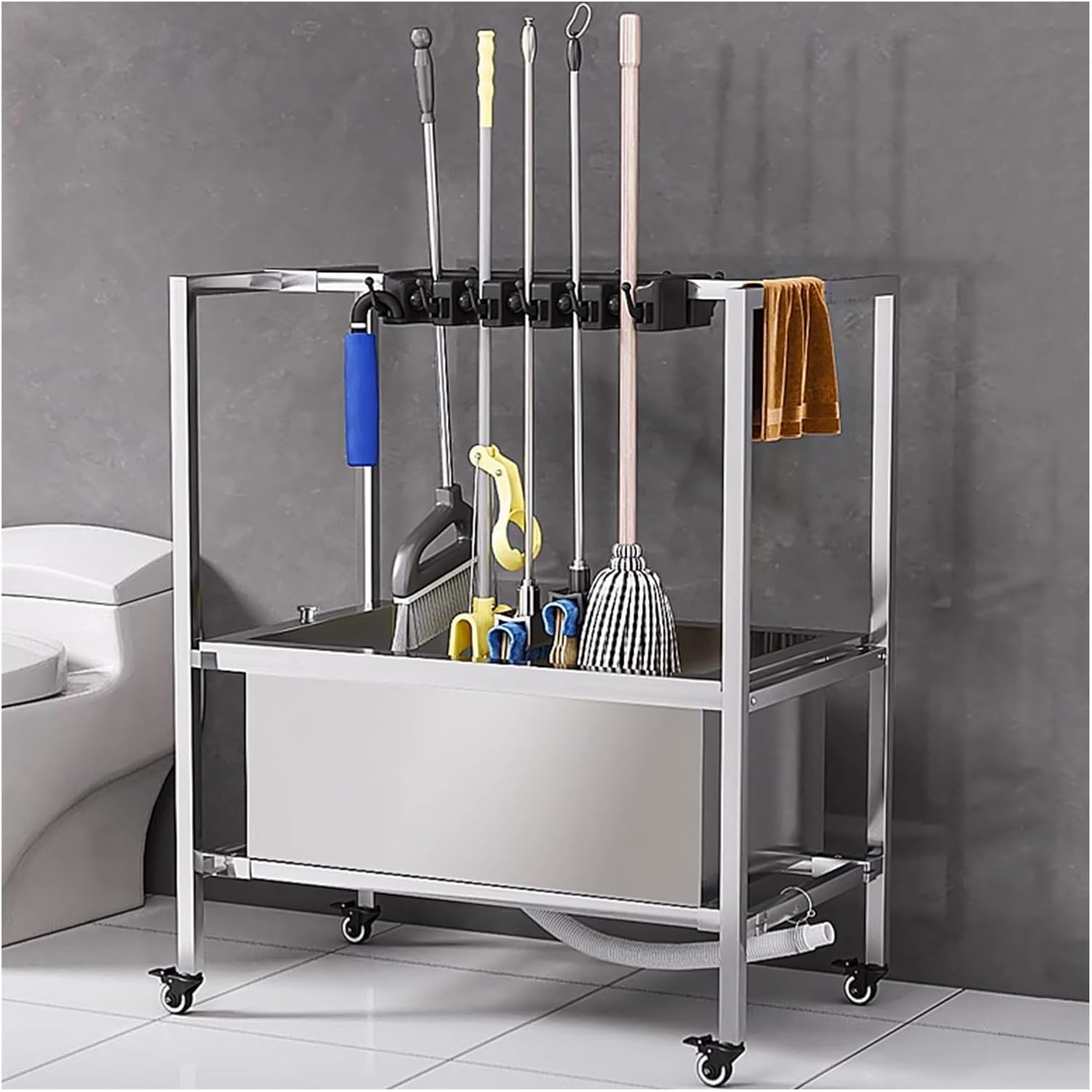 GENERIC Support Pour Balai Et Chariot à Outils De Nettoyage Avec 10 Emplacements, Support De Rangement Mobile Pour Parapluie, Accoudoirs Et Bouton De Vidange, Idéal Pour Un Usage Domestique Et Commercial