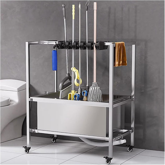 GENERIC Support Pour Balai Et Chariot à Outils De Nettoyage Avec 10 Emplacements, Support De Rangement Mobile Pour Parapluie, Accoudoirs Et Bouton De Vidange, Idéal Pour Un Usage Domestique Et Commercial