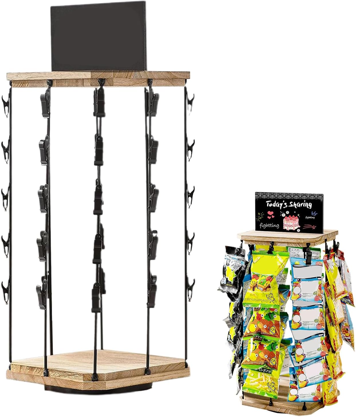  Présentoir à Chips | Organisateur De Snacks Avec Porte-Chips | Support Tournant 360° Avec Tableau D'Affichage, Base En Bois Organisateur De Stockage Alimentaire Pour Bonbons Et Maison Magasin