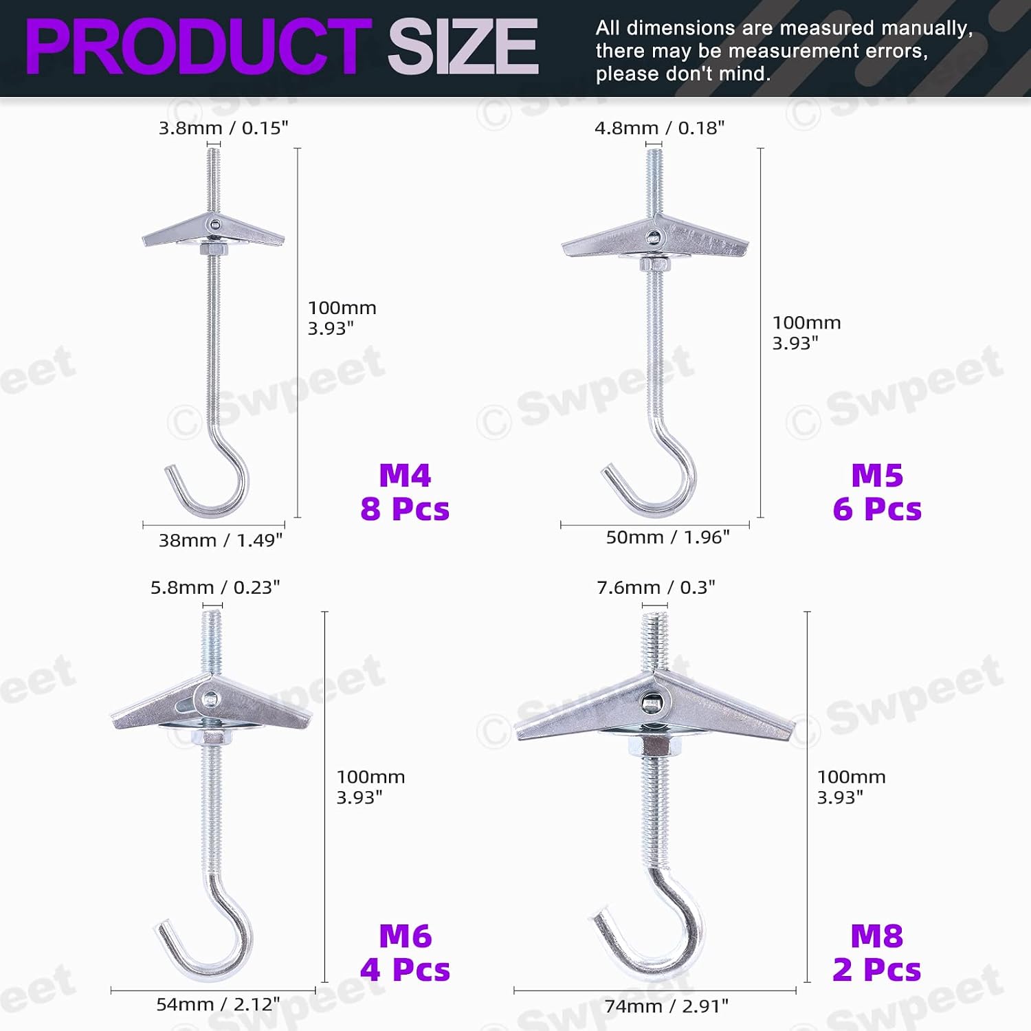 Swpeet Lot De 20 Crochets De Plafond, 4 Tailles En Acier Robuste à Bascule, Boulons à Ailettes Pour Fixation Murale, Crochets De Plafond Pothook Swag Pour Suspendre Des Plantes, Installation Au
