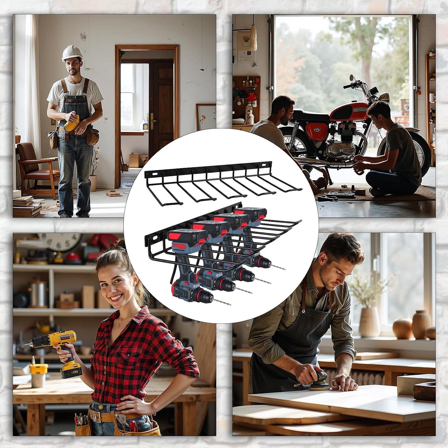  WellMade Lot De 2 Supports Muraux Pour Outils électriques, Porte-perceuse, Support Mural En Acier Noir Pour Garage, Peut Contenir 4 Outils, Capacité De 36,3 Kg, Facile à Installer Avec Vis Et