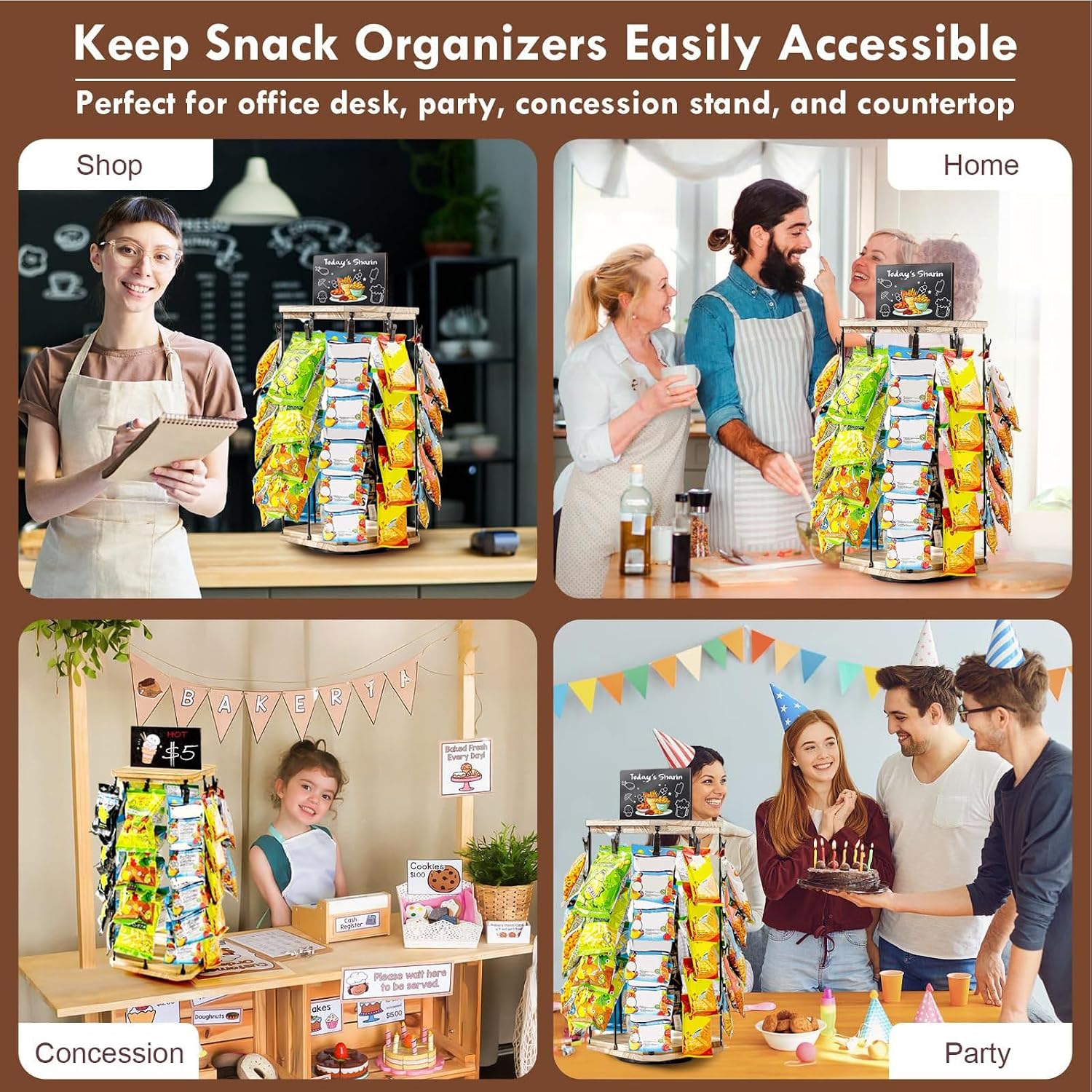 Présentoir à Chips | Organisateur De Snacks Avec Porte-Chips | Support Tournant 360° Avec Tableau D'Affichage, Base En Bois Organisateur De Stockage Alimentaire Pour Bonbons Et Maison Magasin