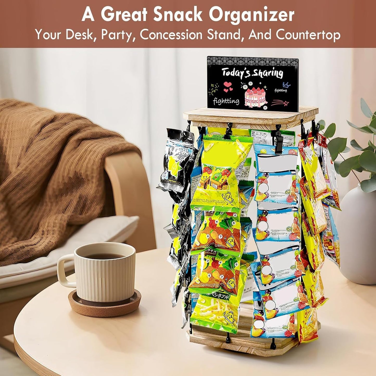  Présentoir à Chips | Organisateur De Snacks Avec Porte-Chips | Support Tournant 360° Avec Tableau D'Affichage, Base En Bois Organisateur De Stockage Alimentaire Pour Bonbons Et Maison Magasin