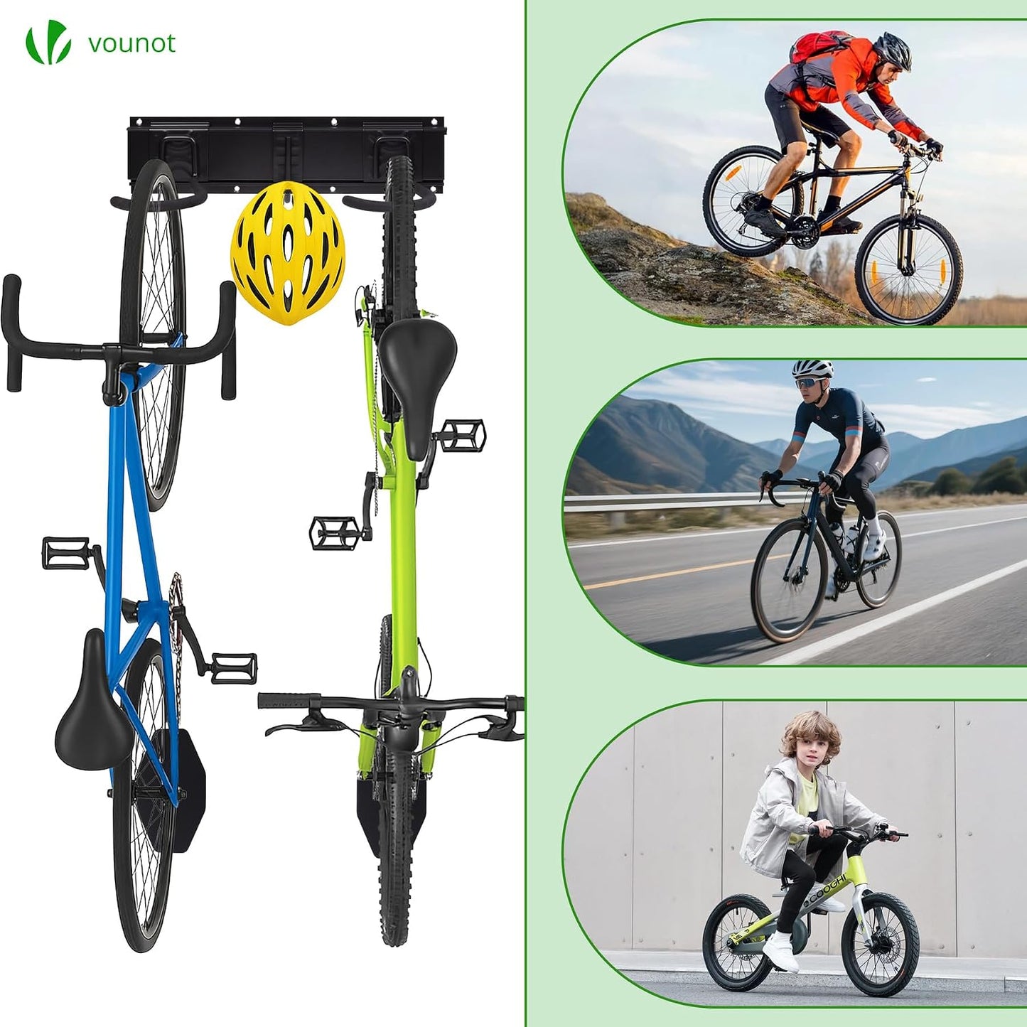  Vounot® Support Vélos Mural En Métal Pour 6 Vélos + 3 Casques Porte De Rangement Avec 6 Coussinets Silicone Anti Taches Crochet Fixation Robuste Pour Garage Cave Noir