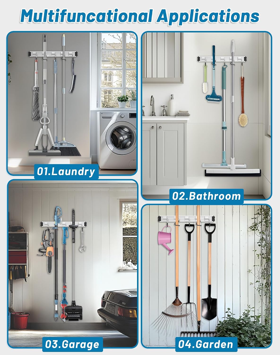  Lot De 4 Supports Muraux Pour Balai Et Serpillère - Style Moderne - En Alliage D'aluminium - Cadeau De Rangement Pour Salle De Bain, Placard, Buanderie, Garage, Salle à Outils (noir)