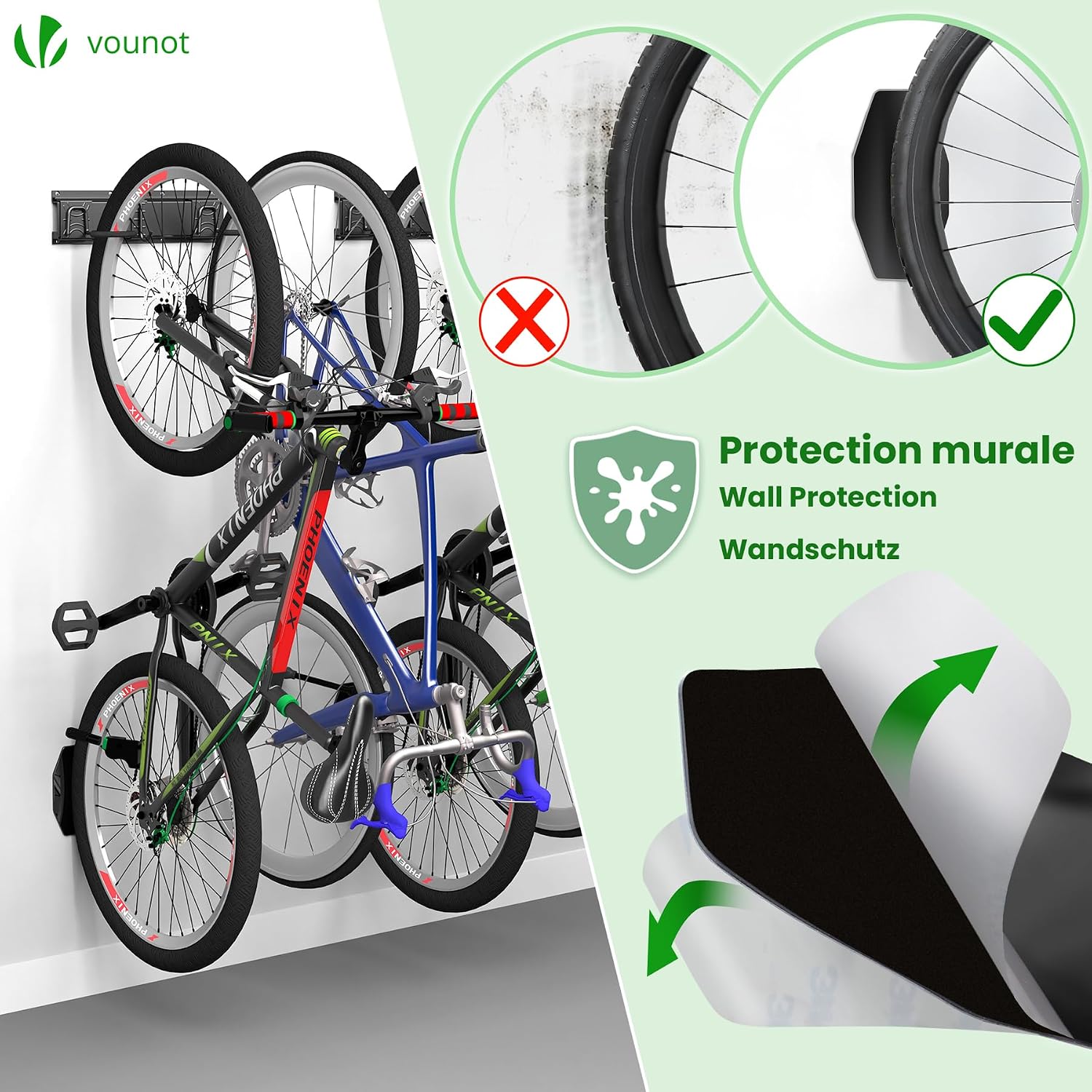  Vounot® Support Vélos Mural En Métal Pour 4 Vélos + 2 Casques Porte De Rangement Avec 4 Coussinets Silicone Anti Taches Crochet Fixation Robuste Pour Garage Cave Noir