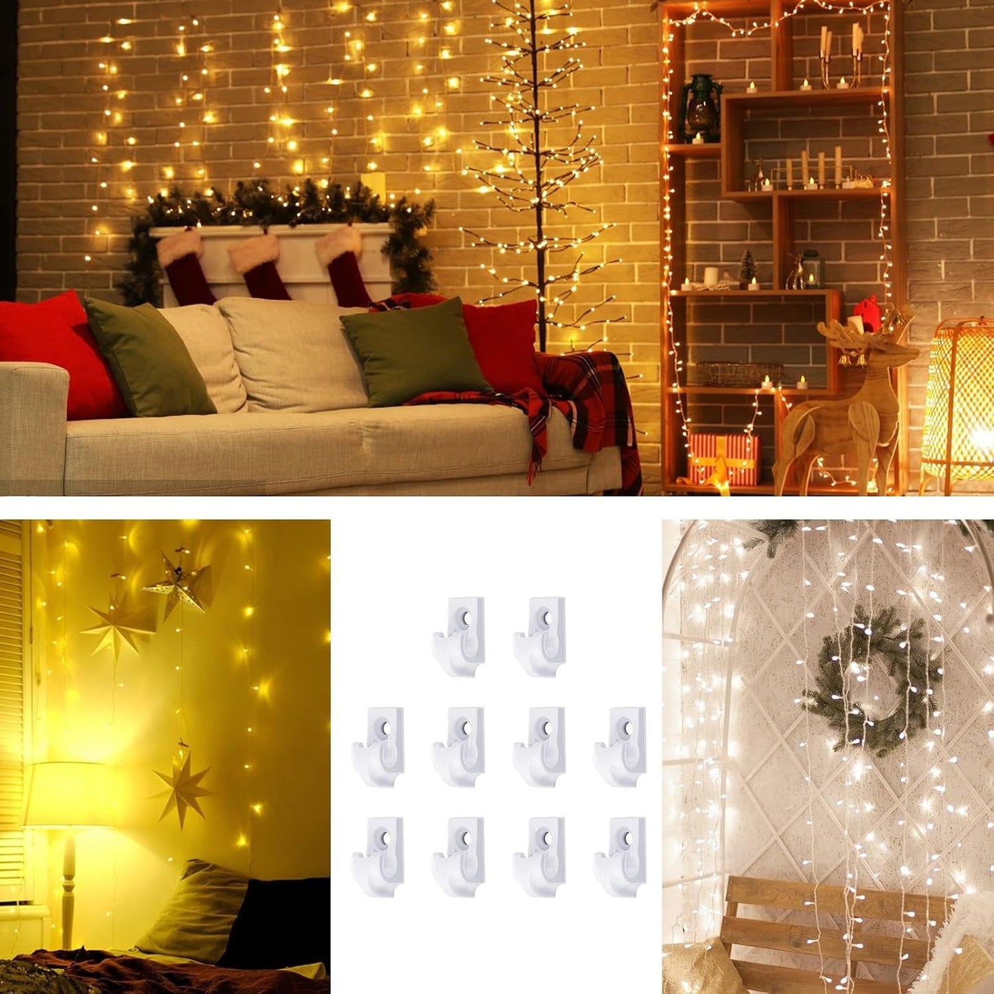  Générique Crochets Pour Guirlandes Lumineuses,Attaches Extérieures Pour Lumières | Lot De 10 Supports Étangs Résistants Déco Jardin Intérieur Stylisation Stable Rideaux Décoration Fêtiche Activités