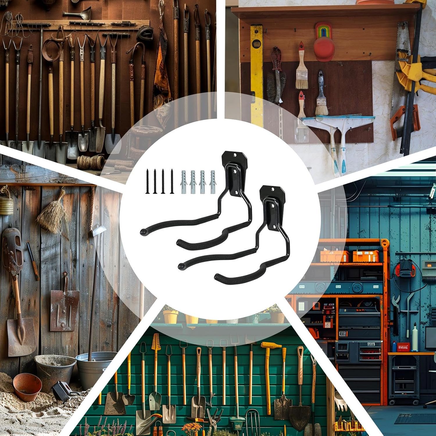  Générique Crochets Mural Garage - Support D'Outils Noir Antirouille | Jardin,Organisateur Polyvalent Gain De Place Avec Crochets Pour Système De Rangement Mural De Garage