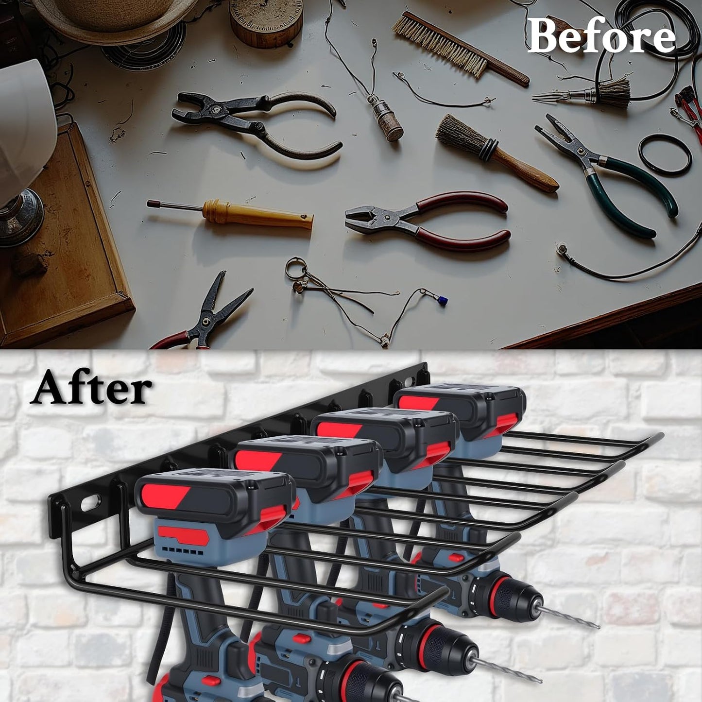  WellMade Lot De 2 Supports Muraux Pour Outils électriques, Porte-perceuse, Support Mural En Acier Noir Pour Garage, Peut Contenir 4 Outils, Capacité De 36,3 Kg, Facile à Installer Avec Vis Et